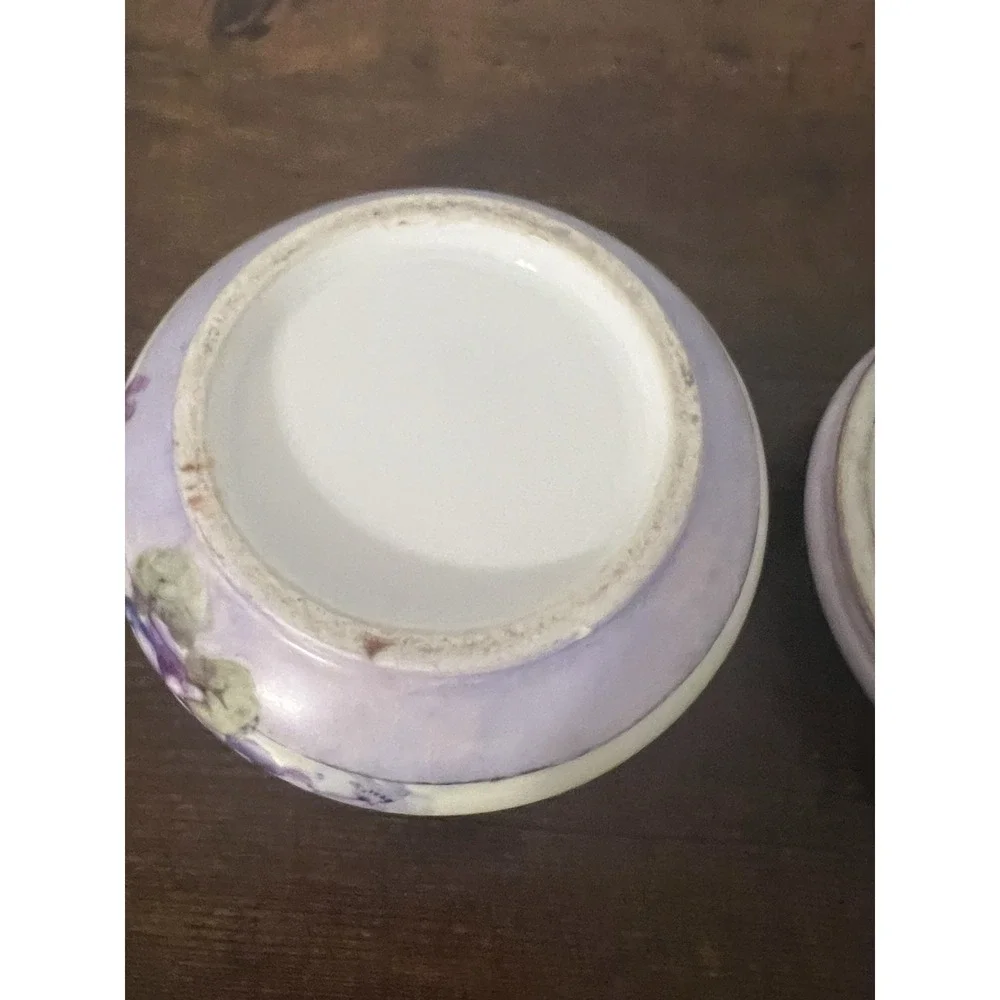 Vintage Hand Painted Porcelain Powder Jar Violet Flowers Gold Trim Vanity Box